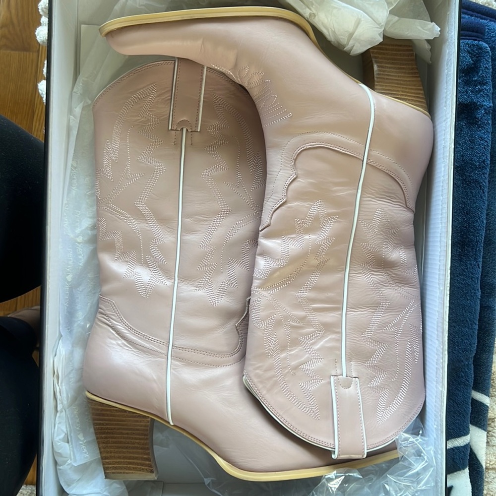 Pink “barbie” cowboy boots with wooden heel